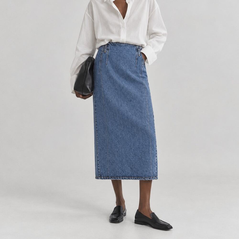 Stuffed Shirt Denim Midi Skirt Womens Blue Straight A-line High-rise
